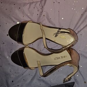 Nine West Pink and Gold Heels with Open Toe and Glossy Finish